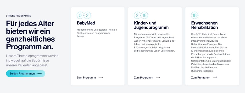 ADELI Medical Center – Therapieprogramme: BabyMed, Kinder- und Jugendprogramm, Erwachsenen-Rehabilitation