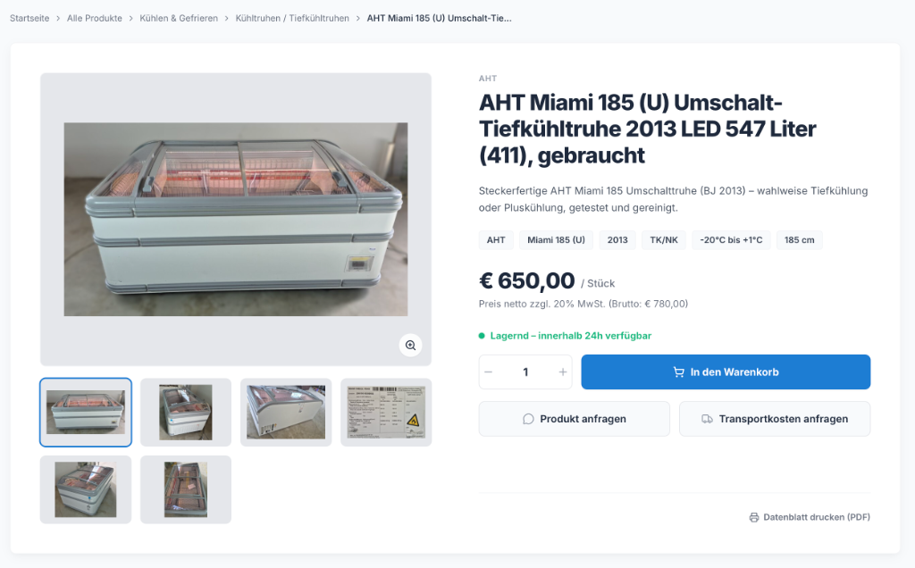 Maximus Store – Produktdetailseite AHT Miami mit B2B-Konditionen und Datenblatt-Druck