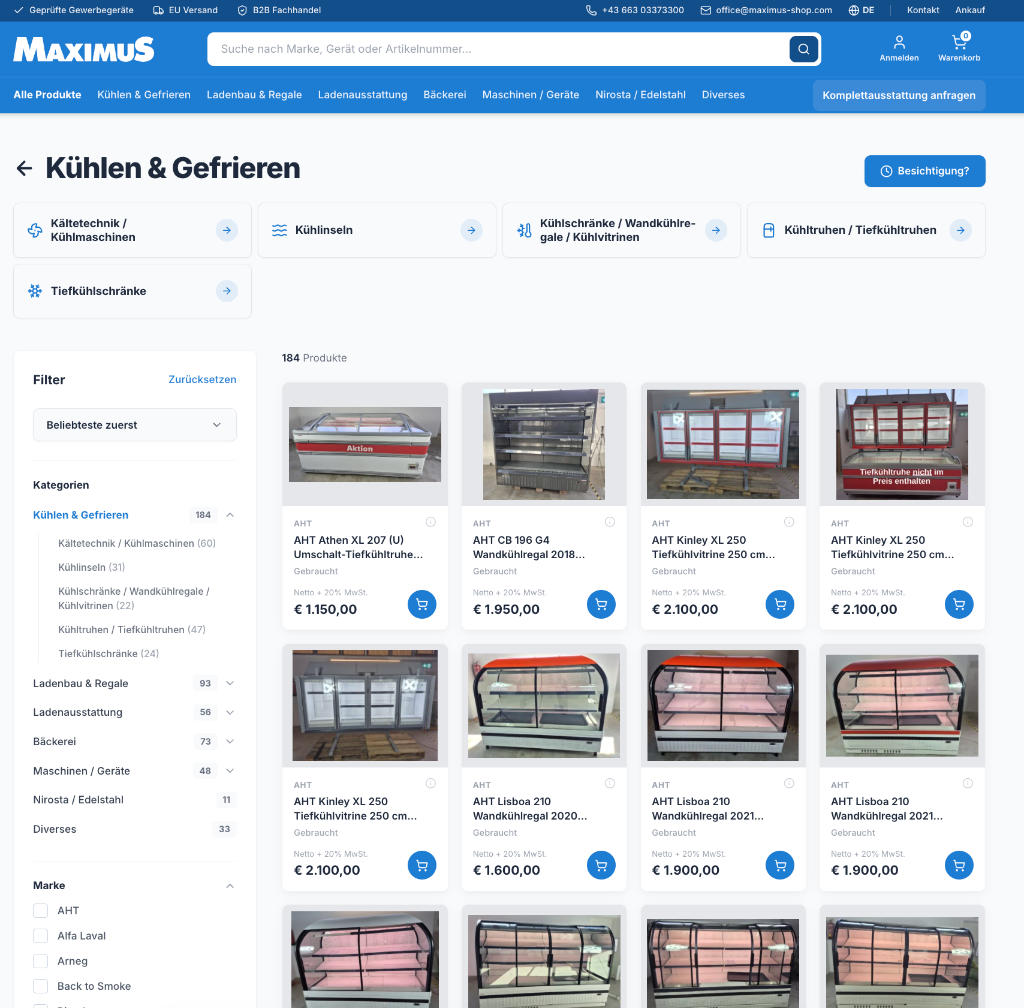 Maximus Store – B2B-Katalog Kühlen & Gefrieren mit Live-Filtern und Netto-Preisen