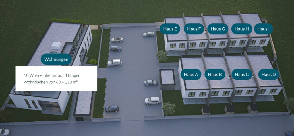 Interaktiver 3D-Lageplan Satzweg mit Klick-Navigation zu Haus A-I und Wohneinheiten