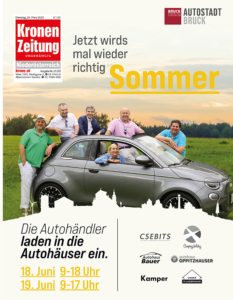 Autosommer in Bruck an der Leitha Kronen Zeitung Titel bild Kamper, Bauer, Csebits, Oppitzhauser, Lagerhaus