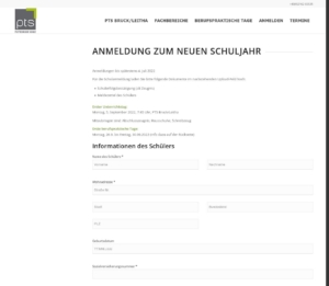 Screenshot Schüleranmeldung PTS Bruck an der Leitha
